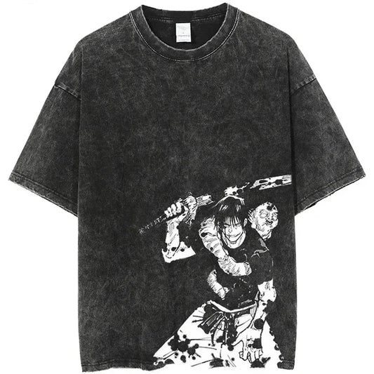 Hip Hop Men'S Washed T-Shirt Fushiguro Toji Anime Flat Retro T-Shirt Cotton Summer Short Sleeve T-Shirt Harajuku Top T-Shirt